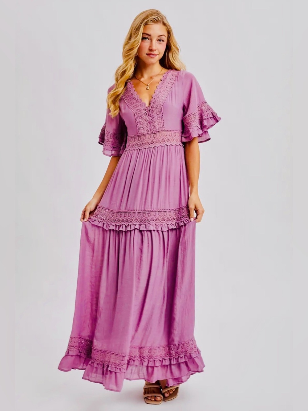 NWT Bluivy Boho Rose V-neck Short Sleeve Crochet Lace Maxi Dress